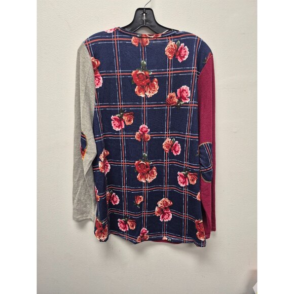 Color Block Long Sleeve T-Shirt With Floral Pocket 1X - Picture 5 of 7